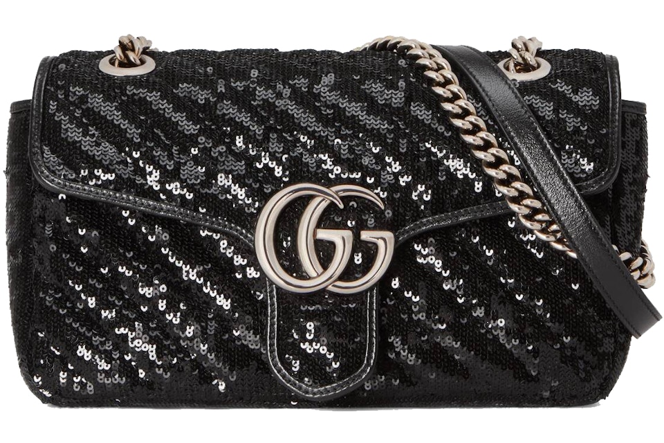 Gucci Gg Marmont Small Sequin Shoulder Bag Black In Silk With Silver Tone Gucci Gg Marmont Small Sequin Shoulder Bag Black In Silk With Silver Tone