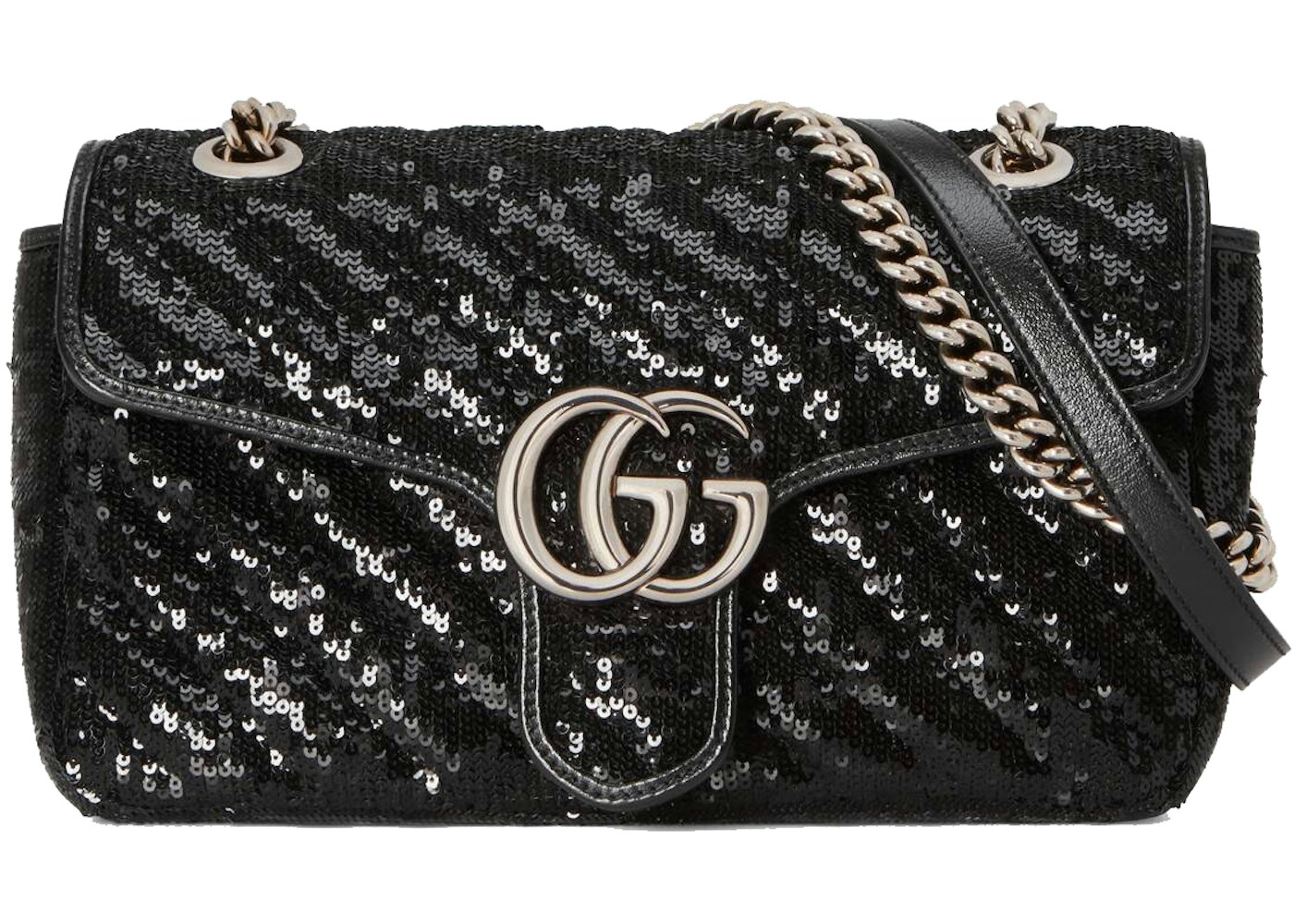 Gucci GG Marmont Small Sequin Shoulder Bag Black in Silk with Silver-tone