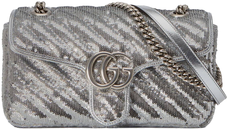 Gucci GG Marmont Small Sequin Shoulder Bag Silver in Silk with