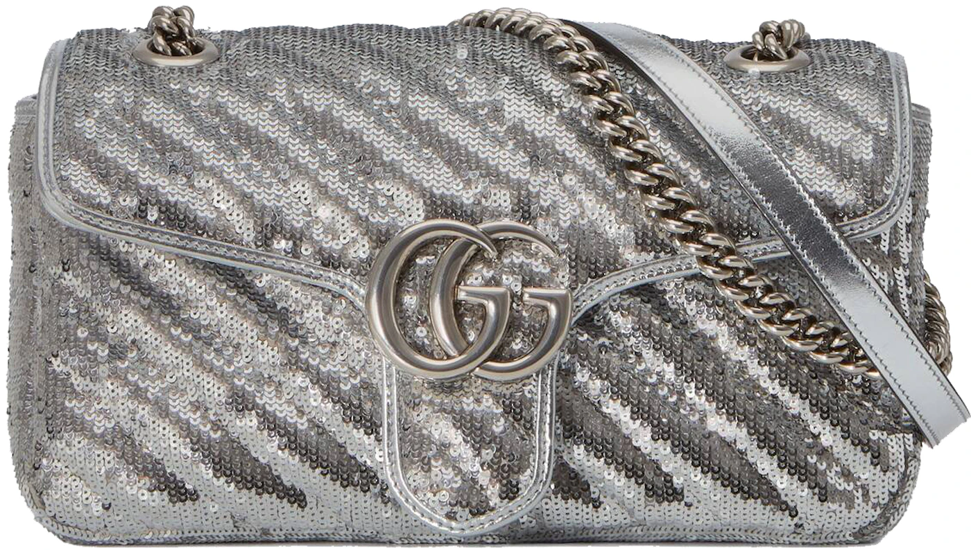 Gucci Marmont Small Sequin Shoulder Bag Silver in Silk Silver-tone GB