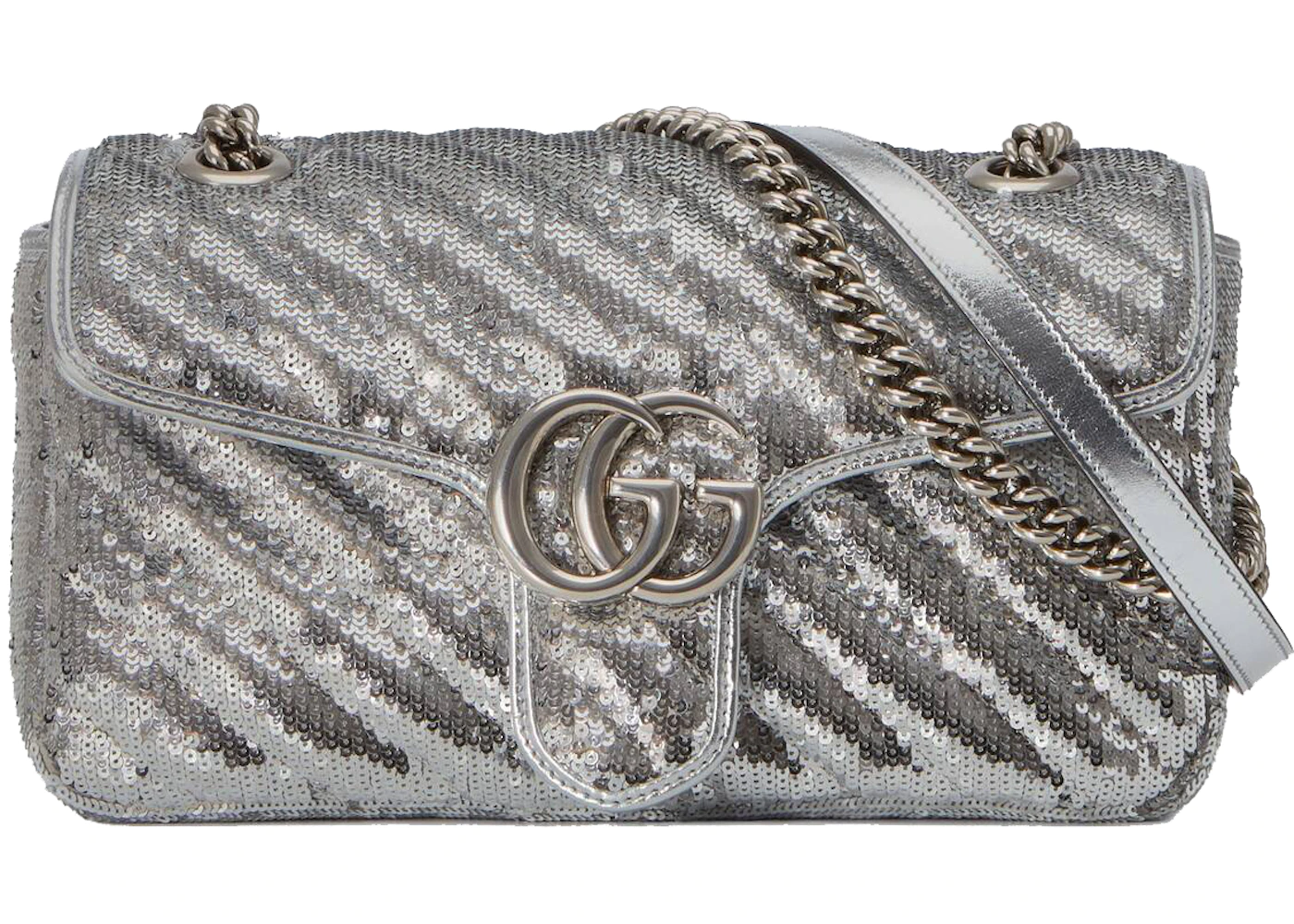 Gucci GG Marmont Small Sequin Shoulder Bag Silver in Silk with Silver ...