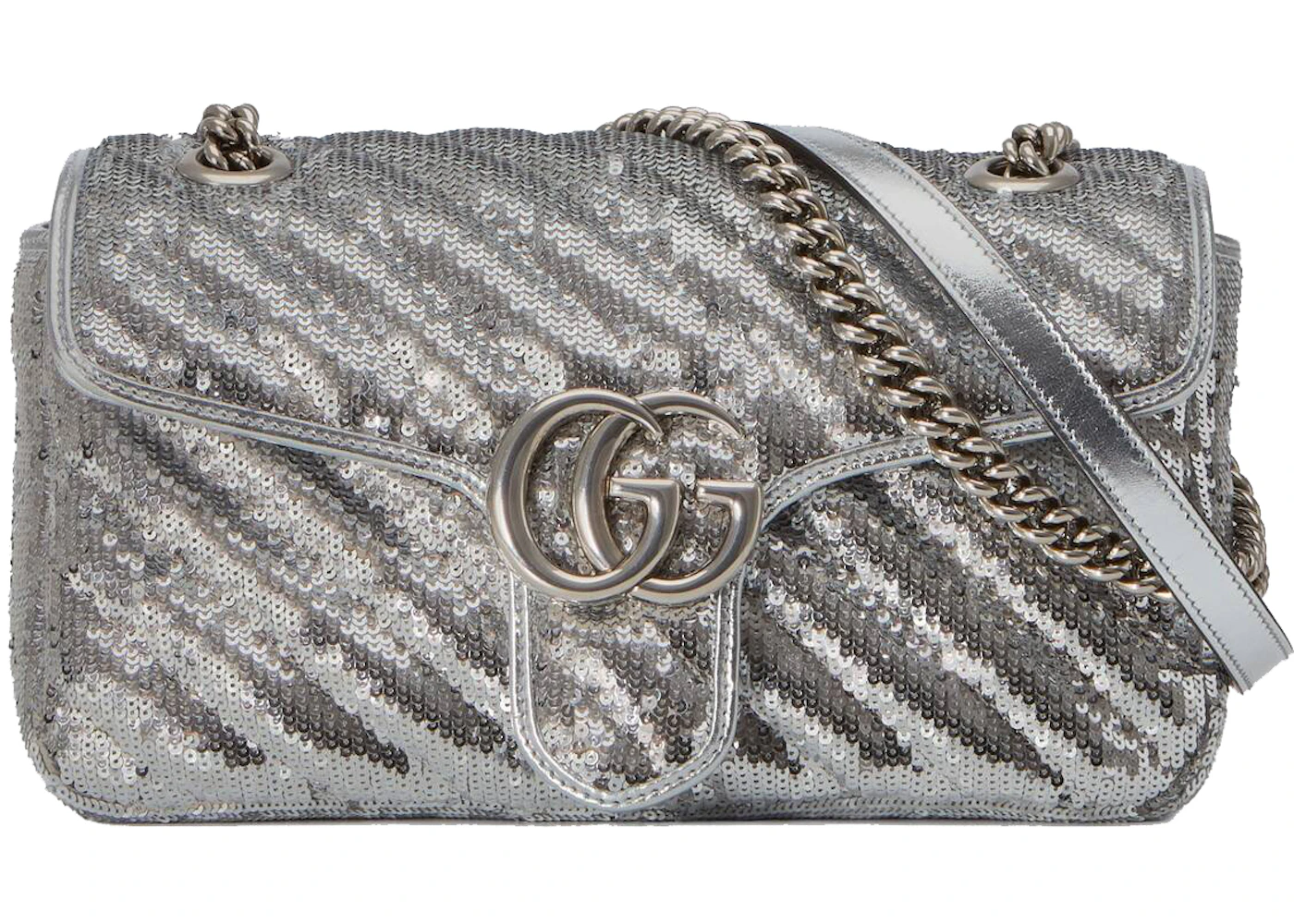 Gucci Gg Marmont Small Sequin Shoulder Bag Silver In Silk With Silver Tone Gucci Gg Marmont Small Sequin Shoulder Bag Silver In Silk With Silver Tone