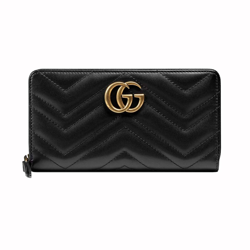 Gucci GG Marmont Zip Around Wallet Black in Leather with Antique Gold ...