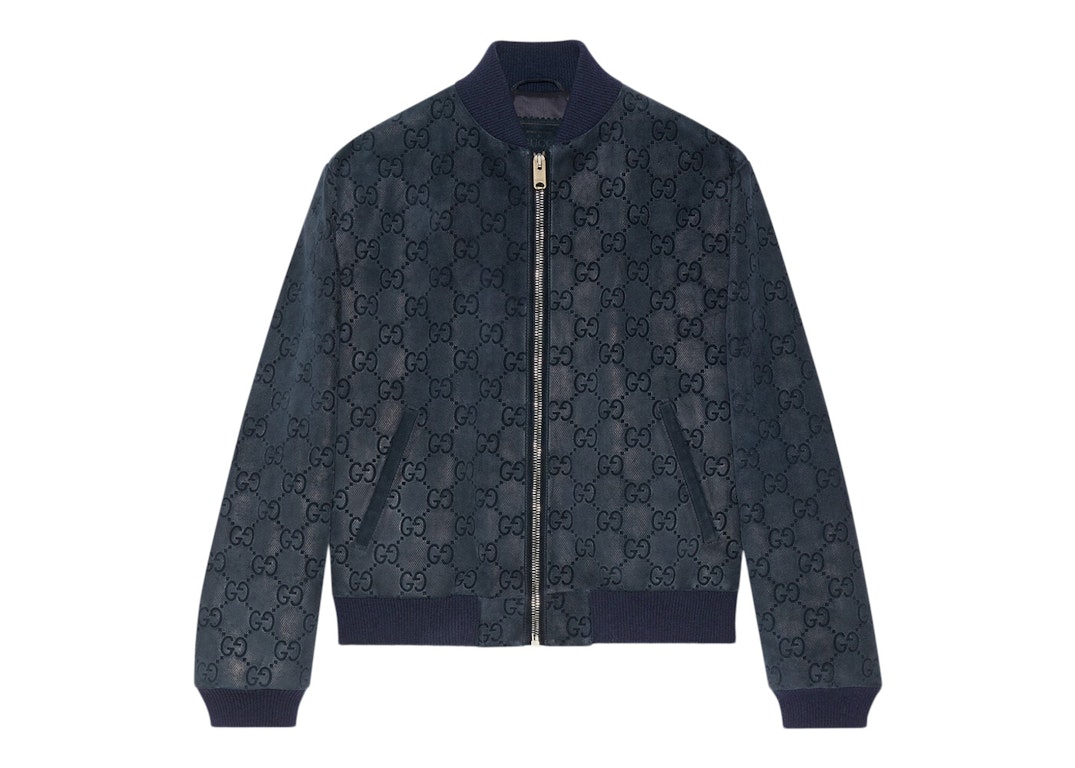 Pre-owned Gucci Gg Printed Suede Bomber Jacket Navy