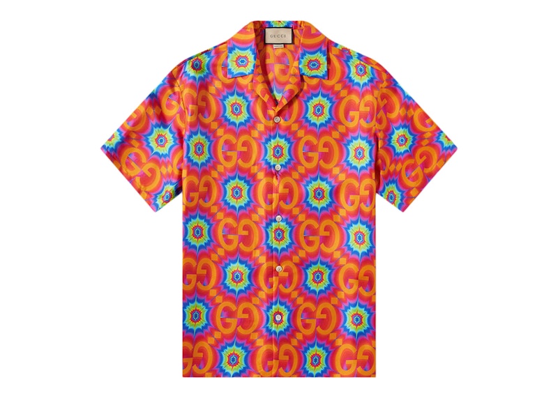 Gucci GG Psychedelic Silk Shirt Orange/Electric Blue/Multi Men's 