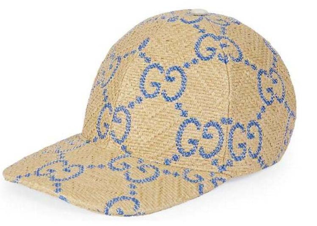 Pre-owned Gucci Gg Raffia Effect Baseball Hat Blue/beige