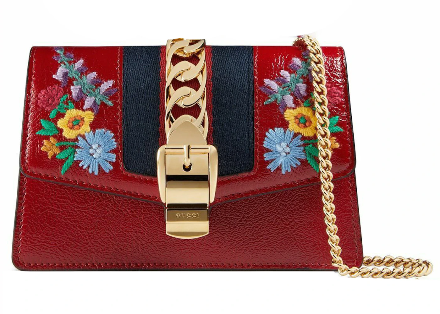 Gucci GG Super Mini Sylvie Embroidered Chain Wallet Bag Red in Leather ...
