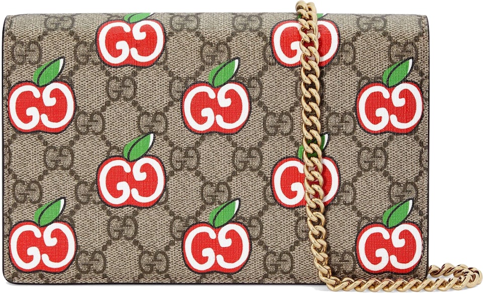 Gucci GG Supreme Monogram Apple Card Case Chain Wallet Brown in