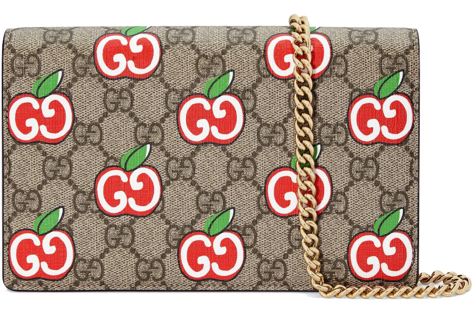 Gucci GG Supreme Monogram Apple Card Case Chain Wallet Brown