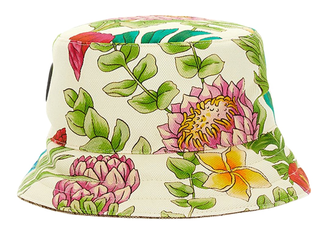 Pre-owned Gucci Gg Supreme Reversible Bucket Hat Floral Multi / Beige In Floral Multi/beige