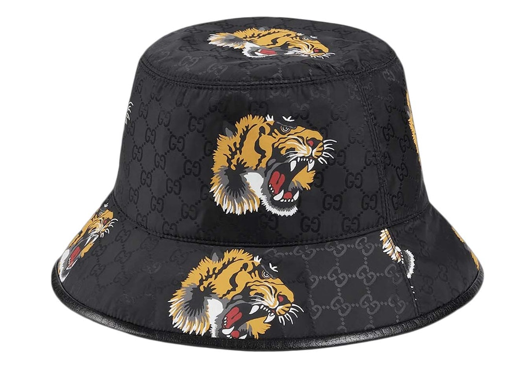 Pre-owned Gucci Gg Tiger Print Bucket Hat Black