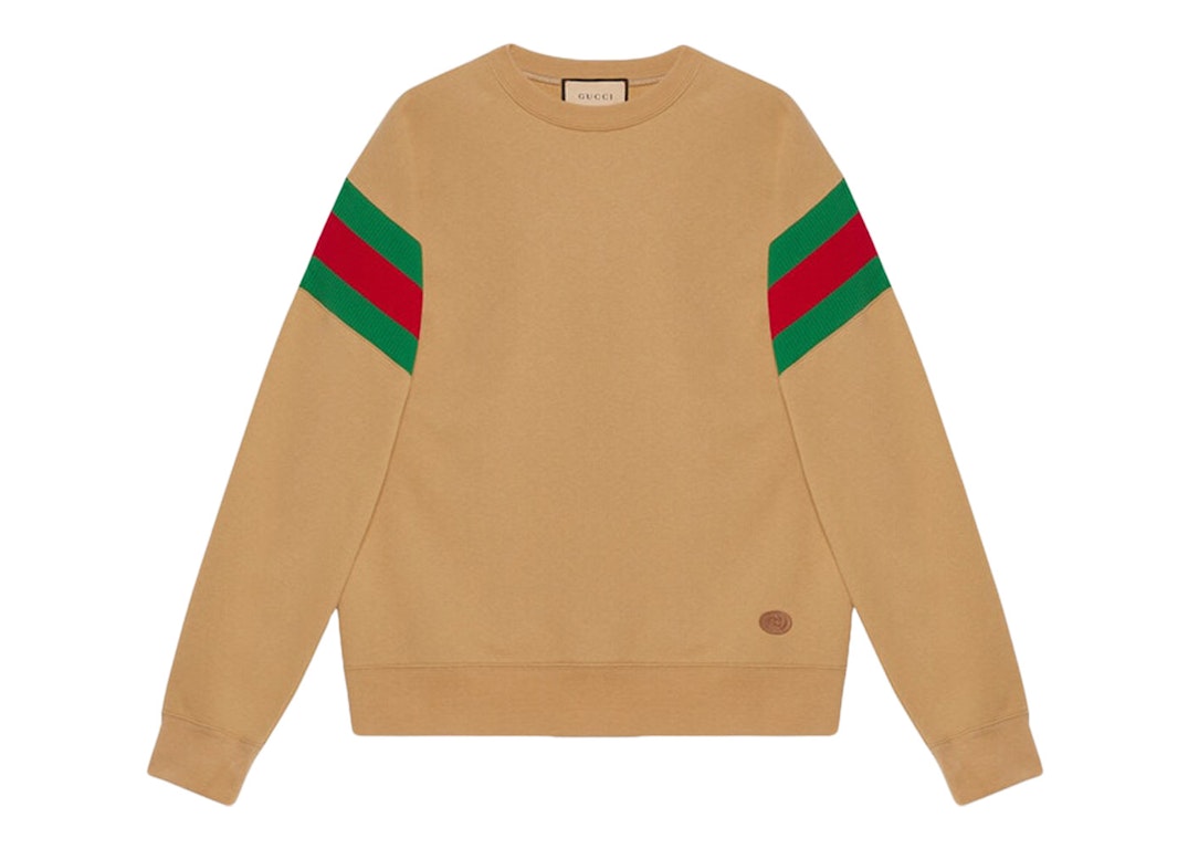 Pre-owned Gucci Grg Sleeve Crewneck Sweater Camel/red/green