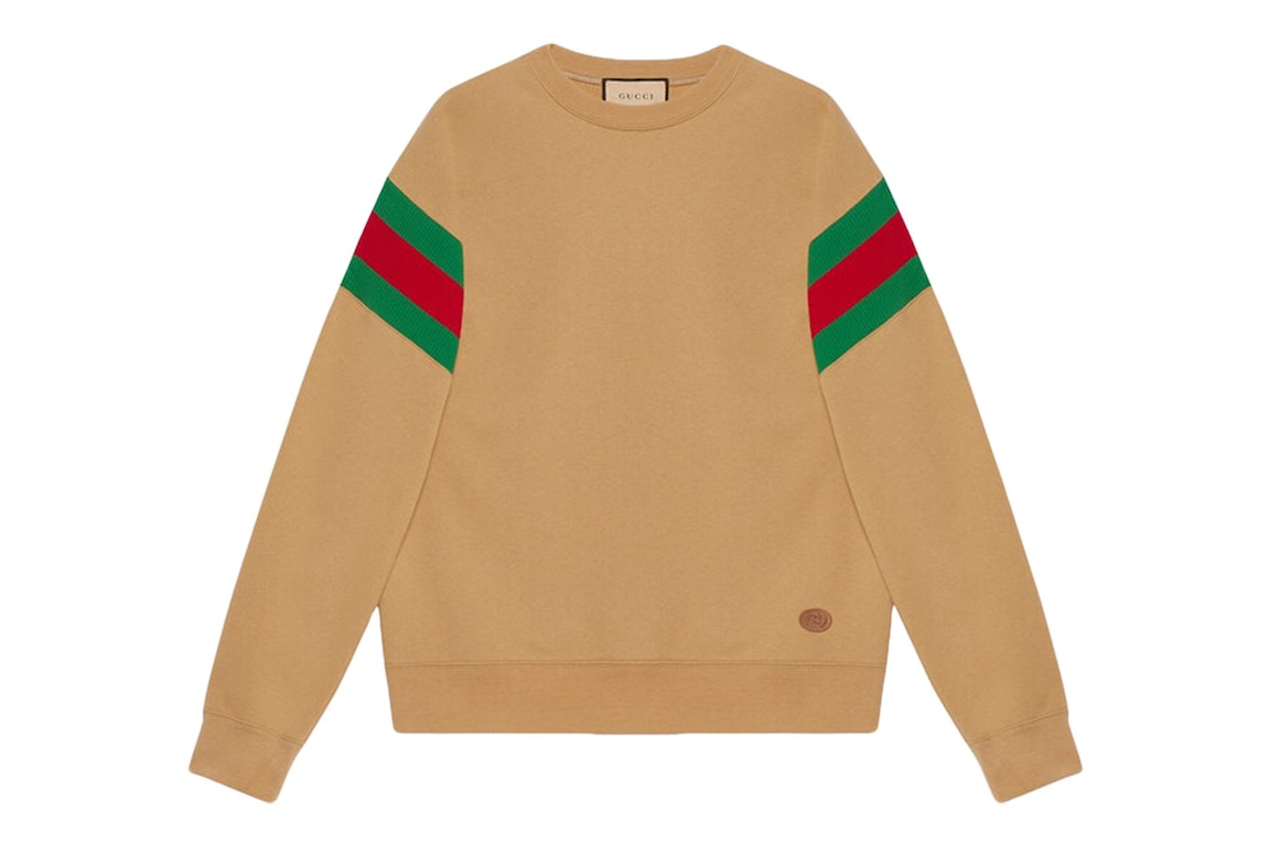 Pre-owned Gucci Grg Sleeve Crewneck Sweater Camel/red/green