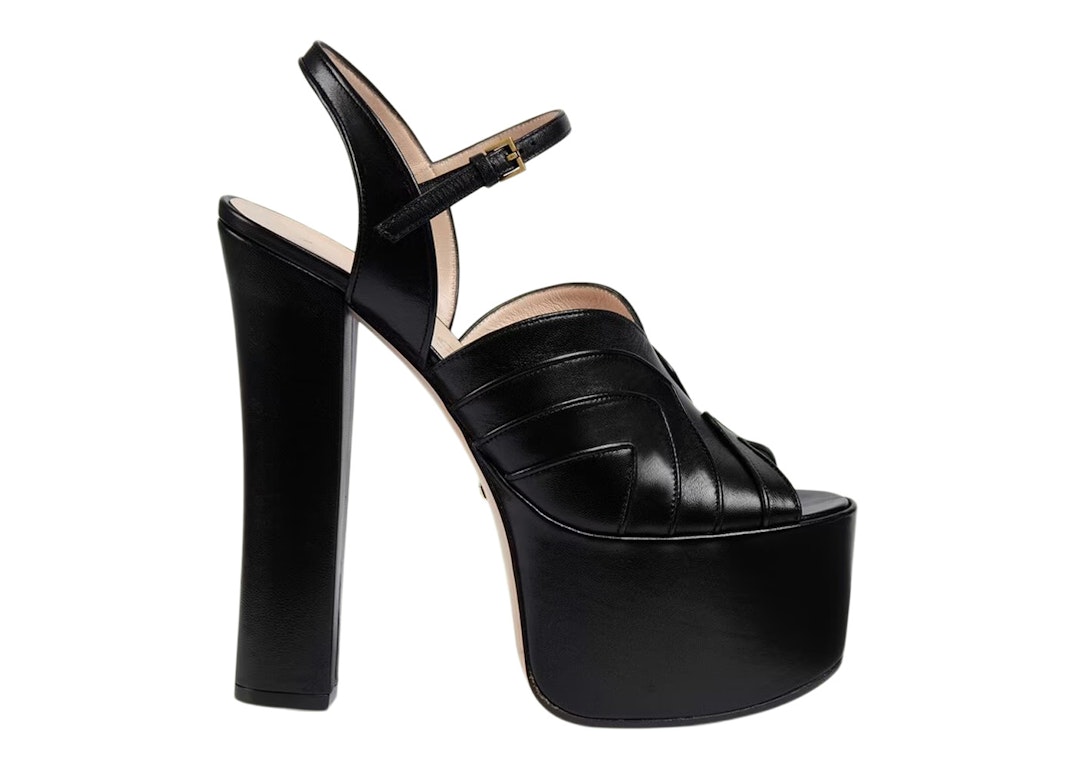Pre-owned Gucci Geometric 155 Mm Platform Sandal Black Leather