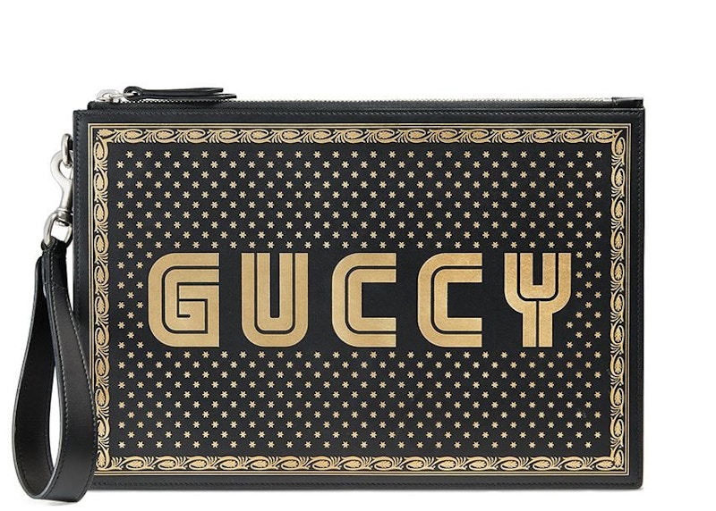 Gucci Guccy Pouch Black Gold in Leather with Silver tone US