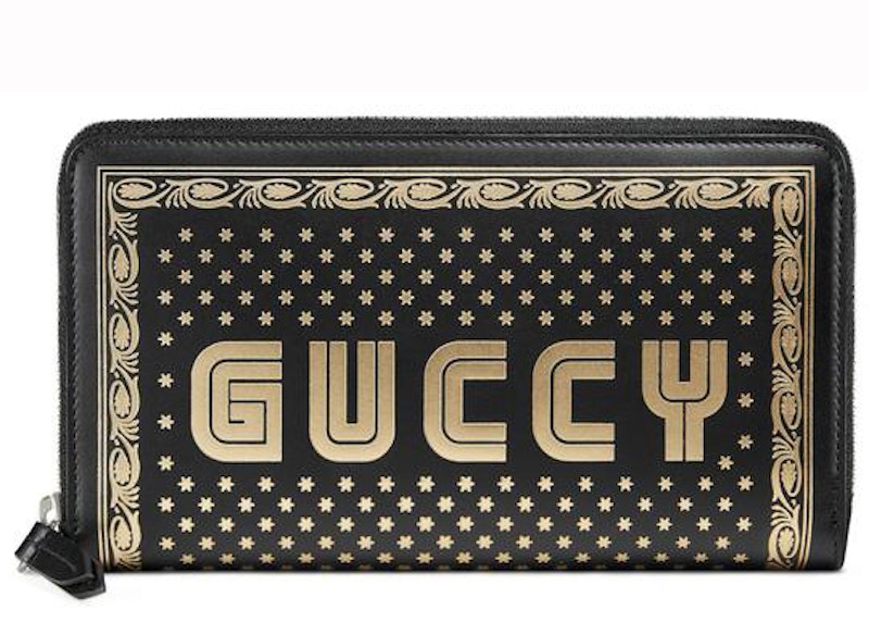 Gucci Guccy Zip Around Wallet Black Gold in Leather with Silver