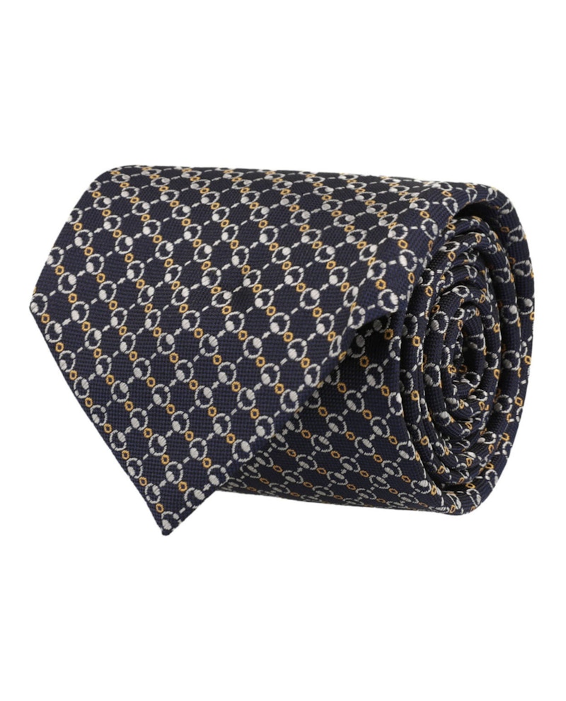 Pre-owned Gucci Men's  Horsebit Silk Jacquard Tie In Navy Blue Light Grey