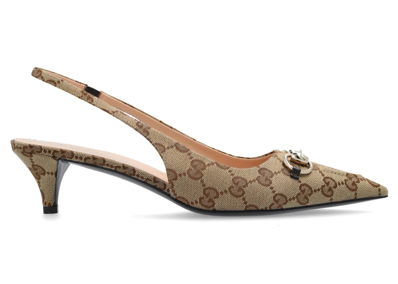 Pre-owned Gucci Horsebit Slingback Pumps Canvas (women's) Sneakers In Beige/ebony In Multi
