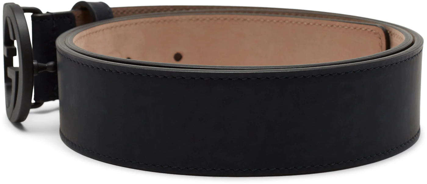 Black Leather Belt With Matte Black Interlocking G