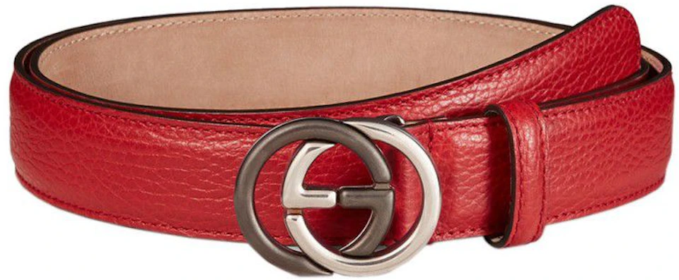 Interlocking G Belt Silver/Black Red in Leather Silver -tone/Black-tone