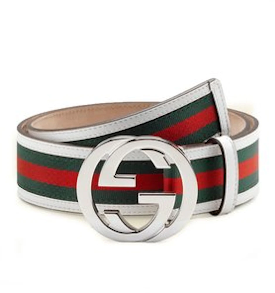 Gucci Interlocking G Belt Stripes White/Green/Red in Canvas/Leather ...