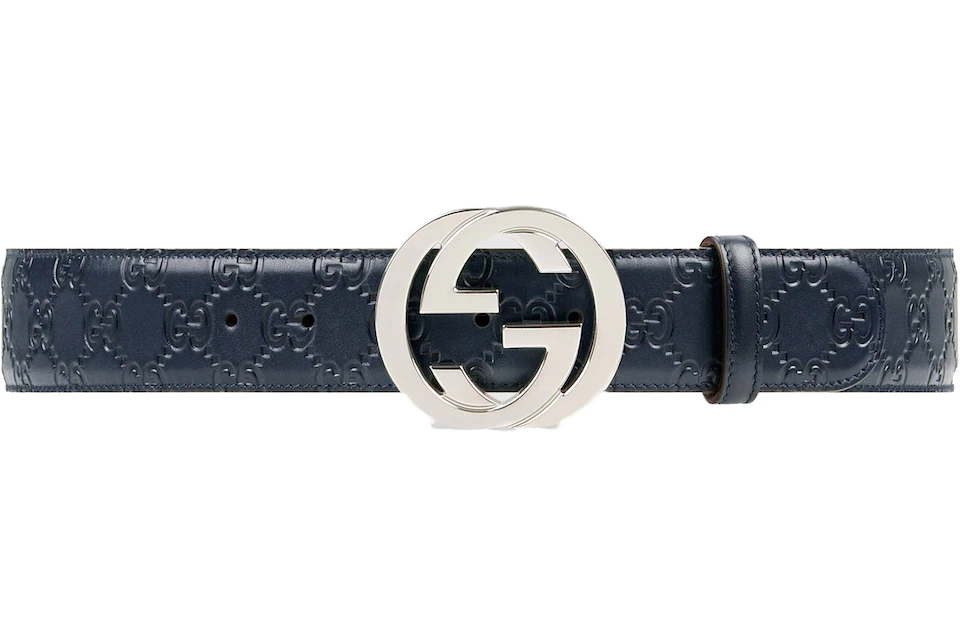 Gucci Interlocking G Nickle Buckle Belt Guccissima Signature Leather 1.5"W Blue