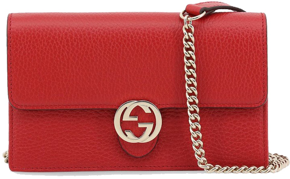 Gucci Interlocking GG Crossbody Chain Wallet Red in Leather with