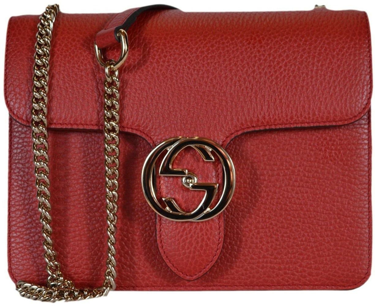 Gucci Interlocking G Shoulder Bag Small Red In Pebbled Caflskin With Gold Tone