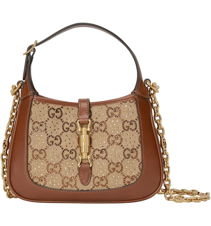 Gucci Jackie 1961 Crystal GG Mini Bolso de Hombro Camel/Ébano in