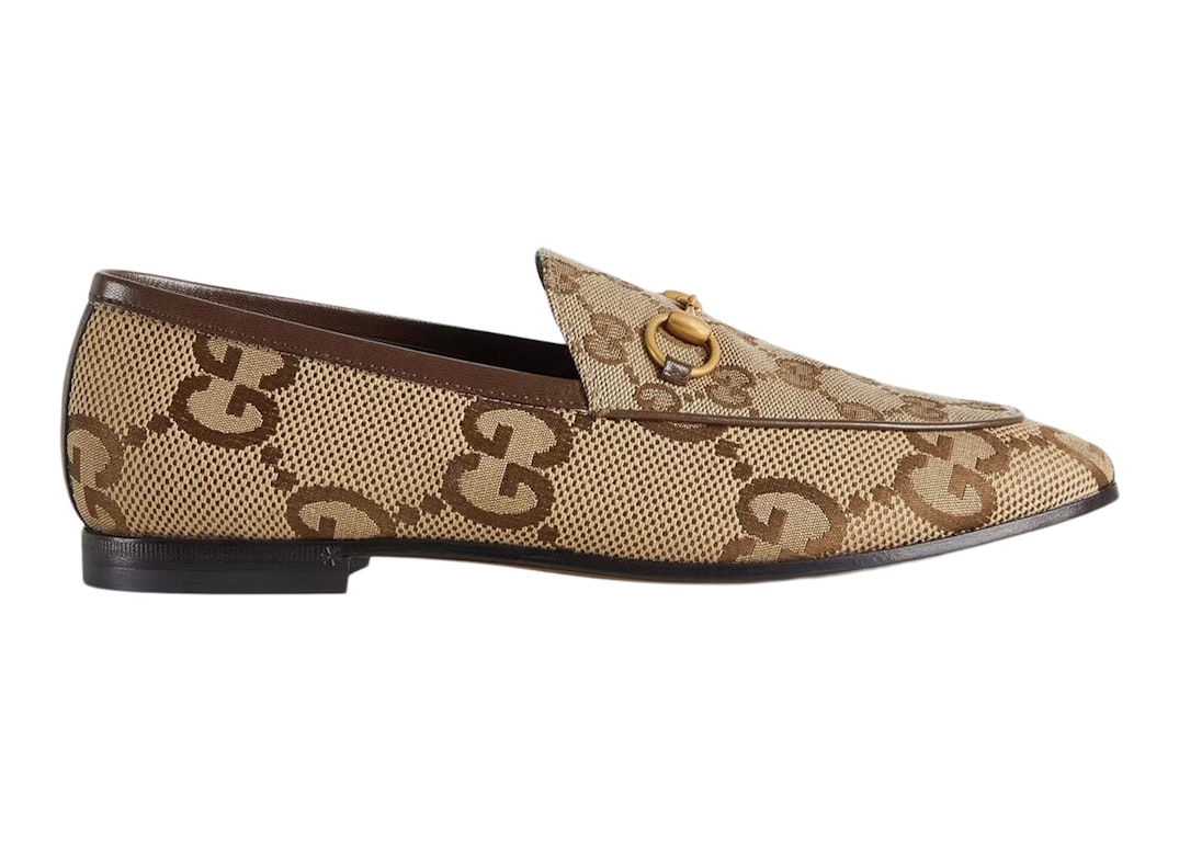 Pre-owned Gucci Jordaan Loafer Gg Canvas In Beige/ebony/gold