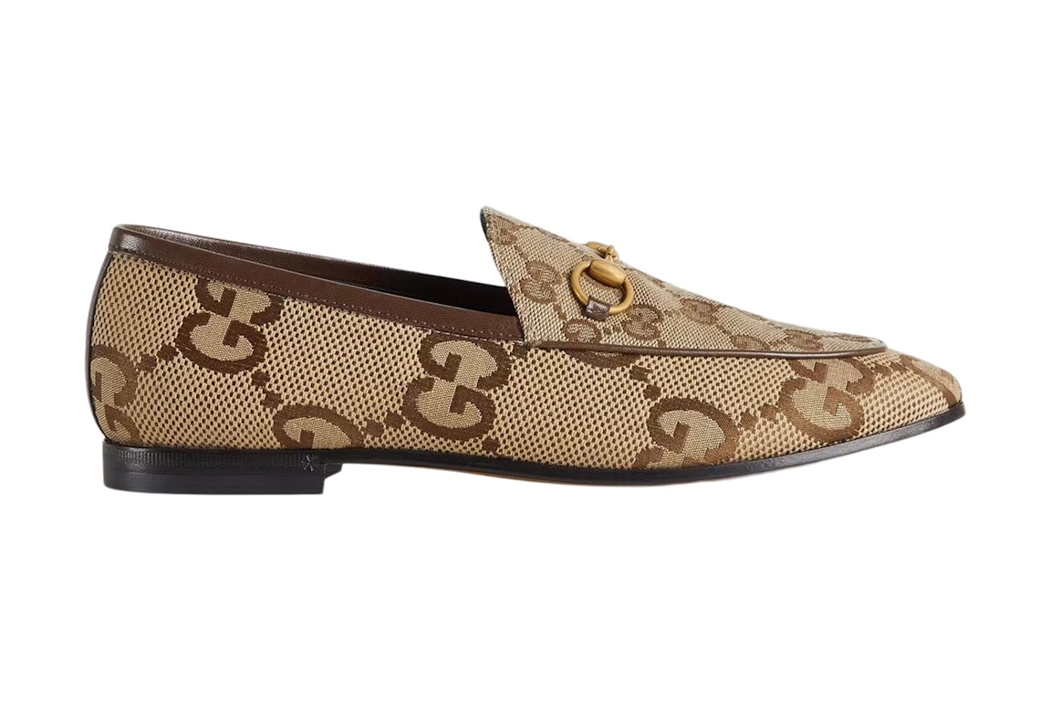 Pre-owned Gucci Jordaan Loafer Gg Canvas In Beige/ebony/gold