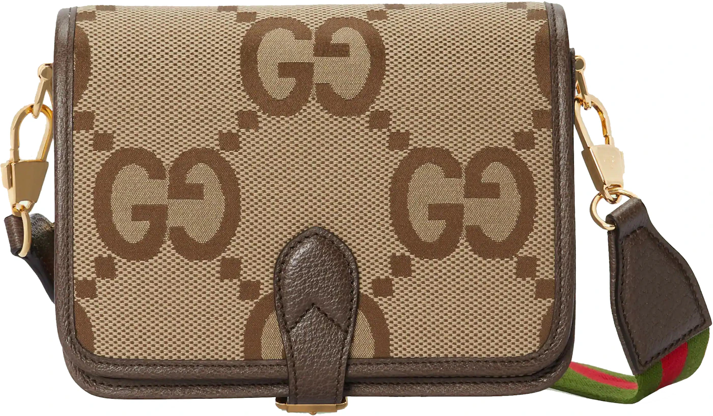 GUCCI Monogram Jumbo GG Textured Dollar Calfskin Web Tote Bag Camel Ebony  New Acero 1290960
