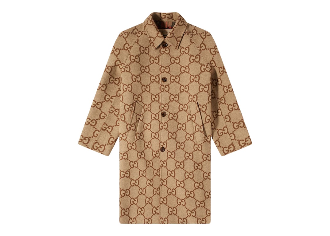 Pre-owned Gucci Jumbo Gg Canvas Wool Car Coat Camel