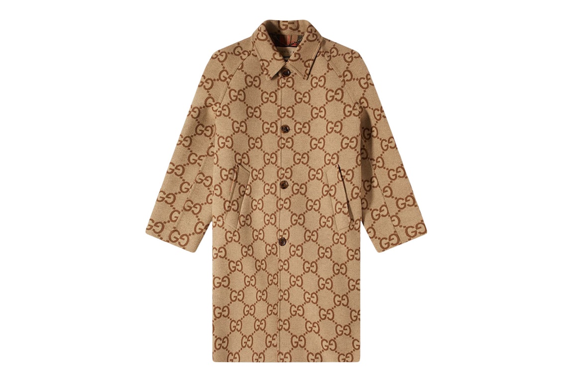 Pre-owned Gucci Jumbo Gg Canvas Wool Car Coat Camel