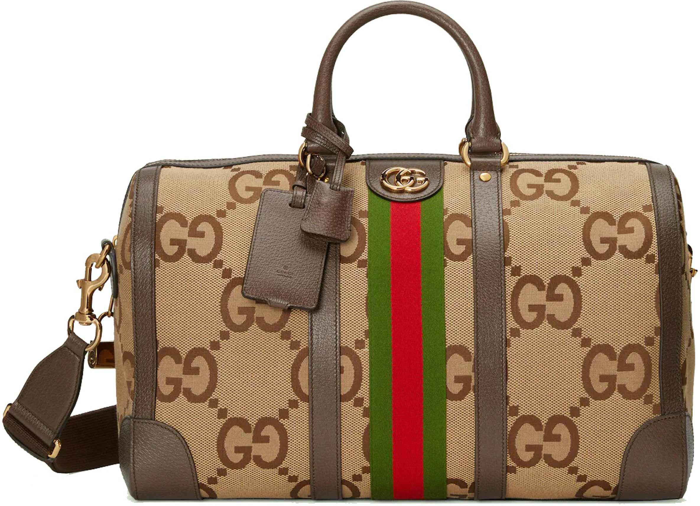 Gucci Large GG Logo Beige Canvas Brown Leather Strap Duffle Bag