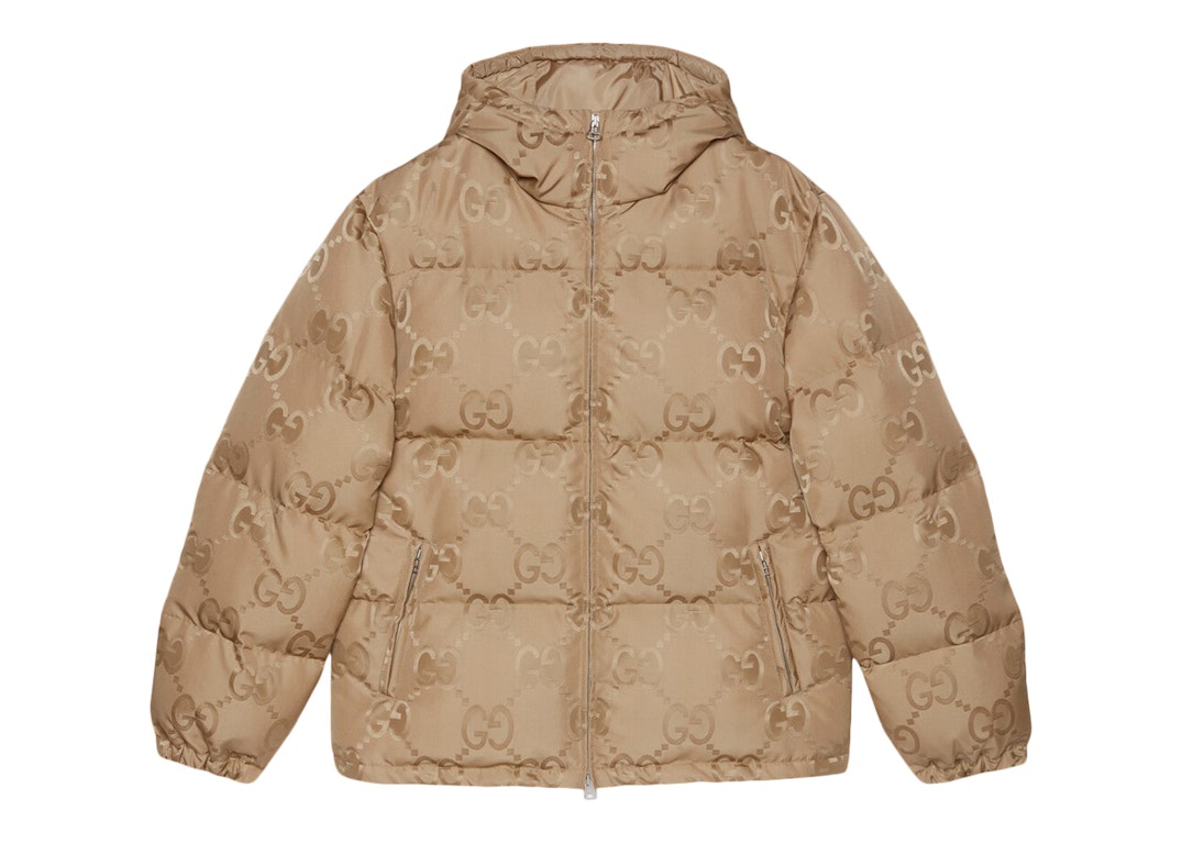 Pre-owned Gucci Jumbo Gg Jacquard Canvas Down Hooded Jacket Beige