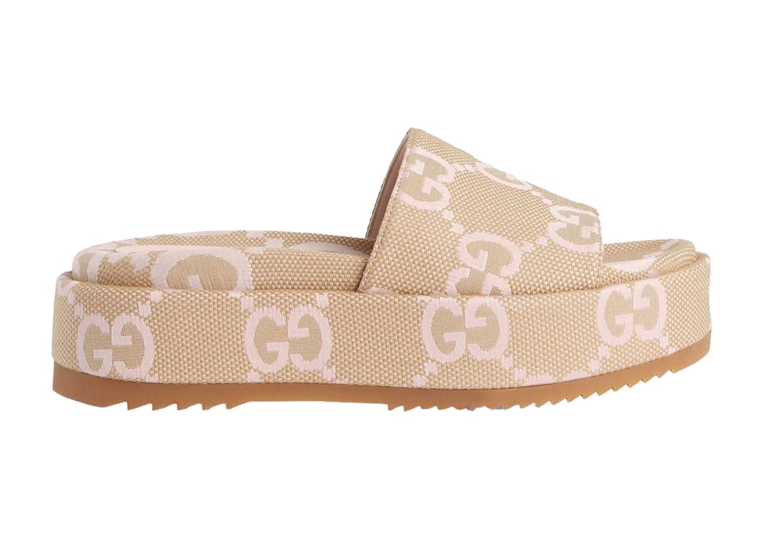 Pre-owned Gucci Jumbo Gg Platform Slide Sandal Beige Light Pink Canvas In Beige/light Pink
