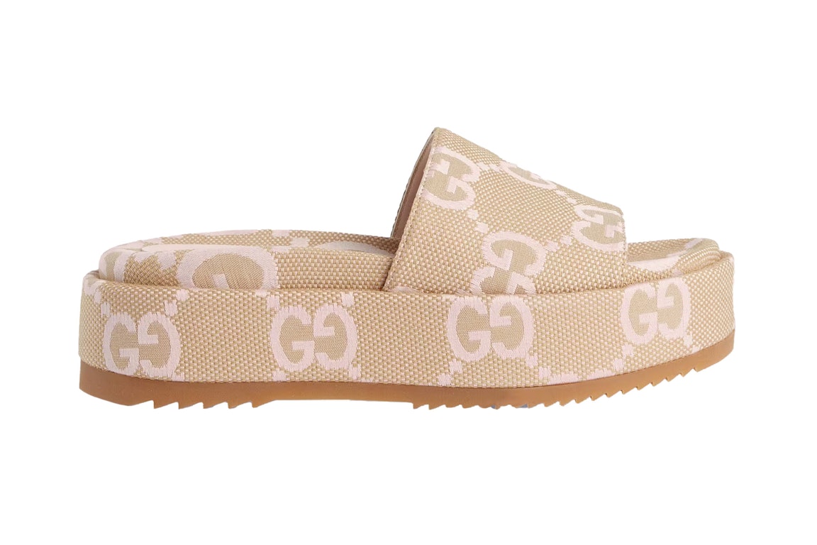 Pre-owned Gucci Jumbo Gg Platform Slide Sandal Beige Light Pink Canvas In Beige/light Pink