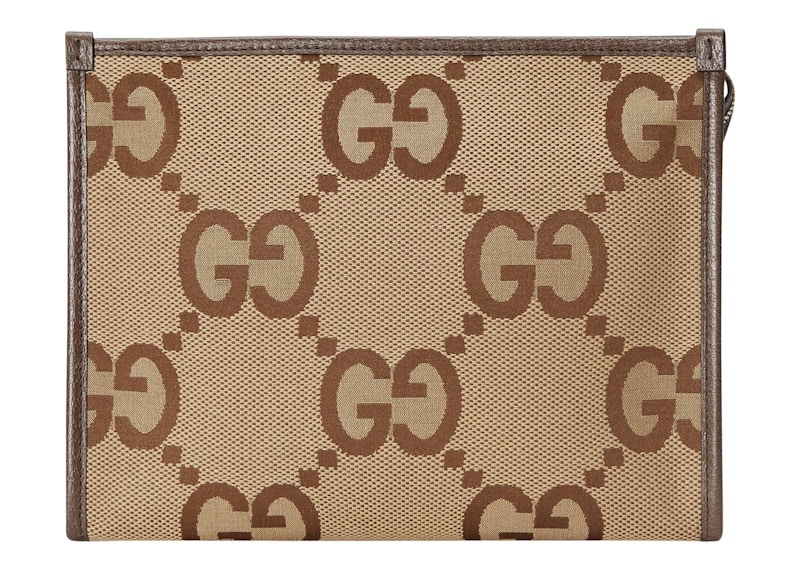 Gucci Jumbo GG Pouch Pouch Camel Ebony in Jumbo GG Canvas with