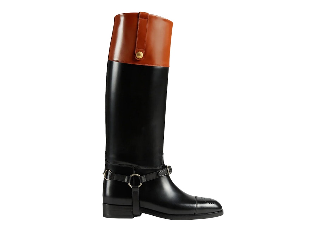 Pre-owned Gucci Knee-high Boot Black Harness Leather In Black/brown
