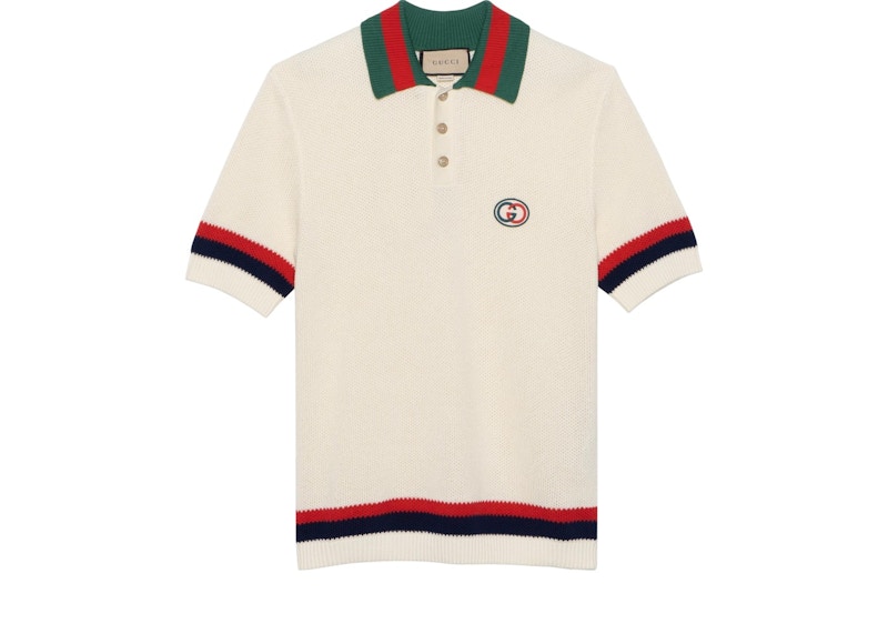 Gucci Knitted GG Logo Resort Polo Shirt Ivory Red Green Men's - US