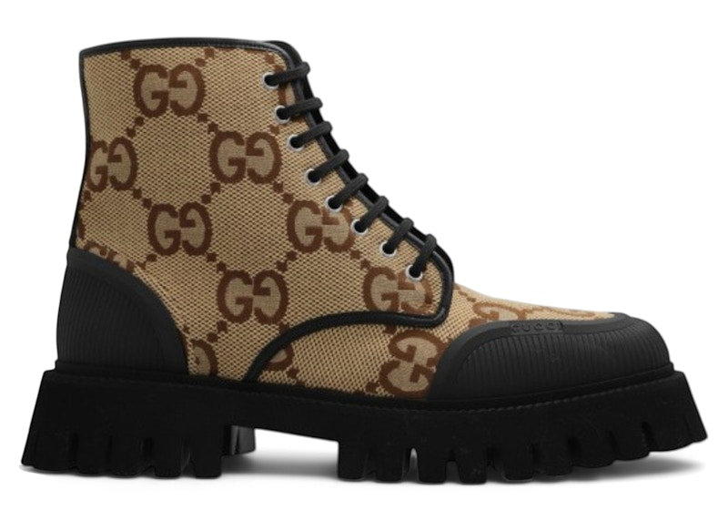 Pre-owned Gucci Men's Lace Up Boot Maxi Gg Sneakers In Camel/ebony