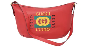 Gucci Logo Half Moon Hobo Shoulder Bag Hibiscus Red