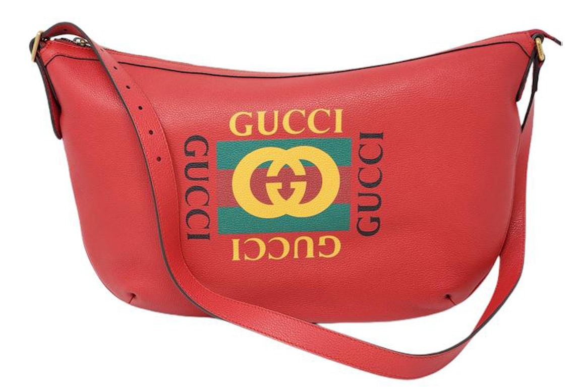Pre-owned Gucci Logo Half Moon Hobo Shoulder Bag Hibiscus Red