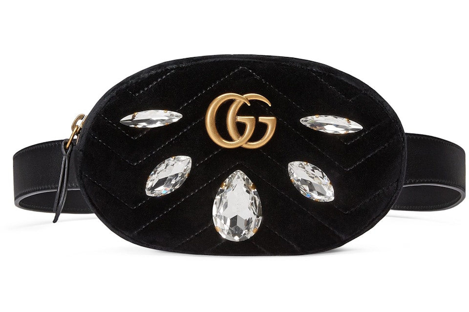 Gucci Gg Marmont Belt Bag Velvet Crystal Black In Velvet With Antique Gold Tone Gucci Gg Marmont Belt Bag Velvet Crystal Black In Velvet With Antique Gold Tone