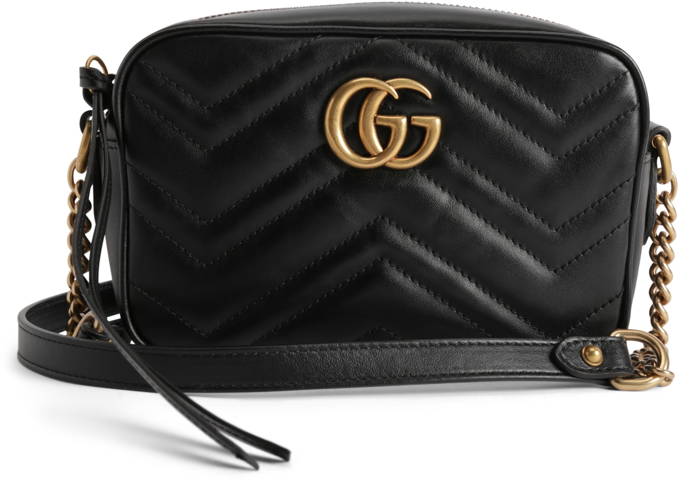 subtropisk Hilse hastighed Gucci GG Marmont Camera Bag Matelasse Mini Black in Leather with ANTIQUE  GOLDTONE