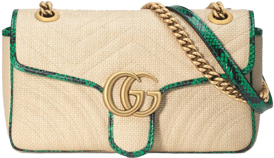 Gucci GG Marmont Shoulder Bag Raffia Small Beige/Green in Raffia with  Antique Gold-tone - US