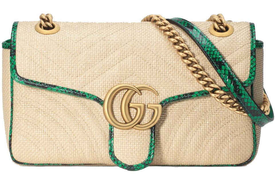Gucci GG Marmont Shoulder Bag Raffia Small Beige/Green in Raffia with  Antique Gold-tone - US