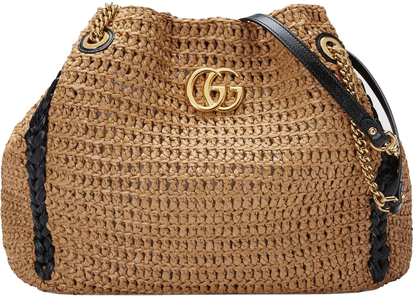 Gucci GG Marmont Tote Large Beige/Black in Raffia with Antique