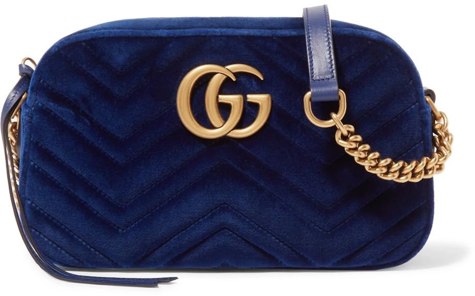 ur varme and Gucci GG Marmont Crossbody Matelasse Velvet Small Cobalt Blue in Velvet  with Gold-tone